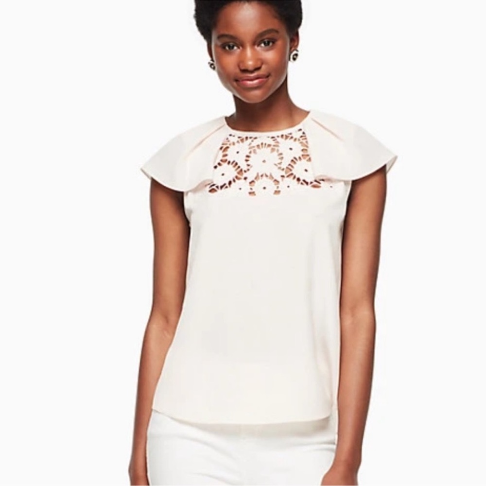 Kate Spade Light Blush Pink Flutter Sleeve Floral Lace Yolk Blouse Large NWOT